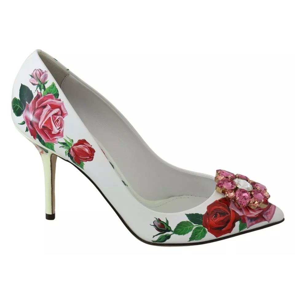 Dolce & Gabbana White Leather Roses Crystal Pumps Shoes