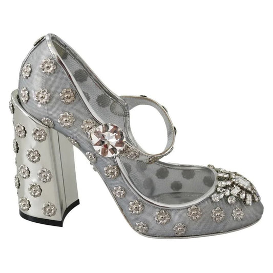 Dolce & Gabbana Silver Crystal Studs Heels Mary Janes Pumps Shoes