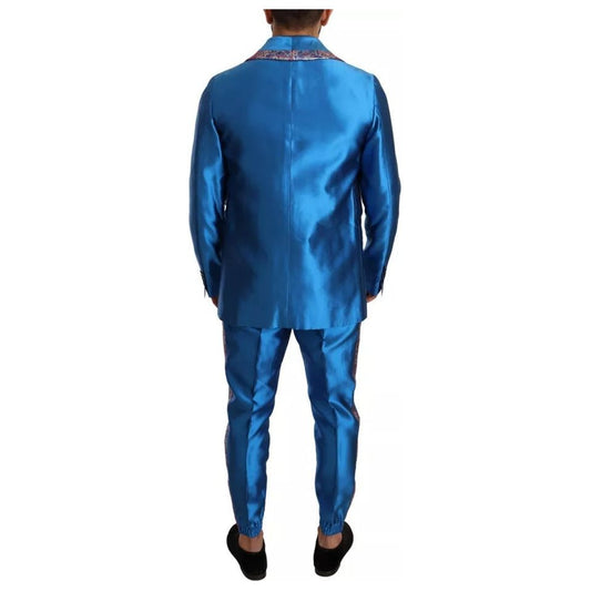 Dolce & Gabbana Blue Jacquard Silk Formal 2 Piece Set Suit