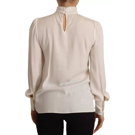 Dolce & Gabbana Off White Silk Long Sleeve Turtle Neck Top