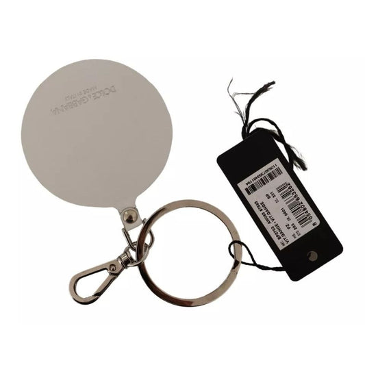 Dolce & Gabbana White Leather Printed Metal Silver Tone Keyring Keychain SMY100799