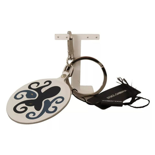Dolce & Gabbana White Leather Printed Metal Silver Tone Keyring Keychain SMY100799