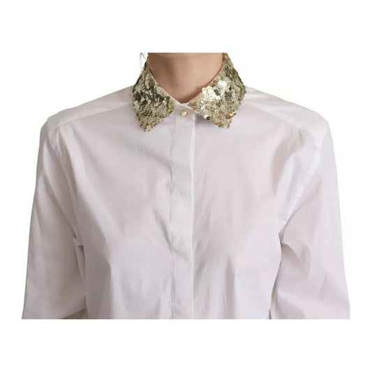 Dolce & Gabbana White Cotton Collared Long Sleeves Sequin Top Shirt TSH7626-38