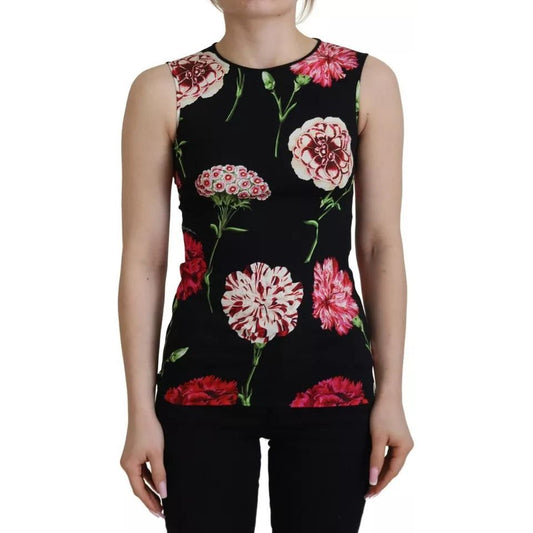 Dolce & Gabbana Black Floral Sleeveless Tank Top Silk Blouse