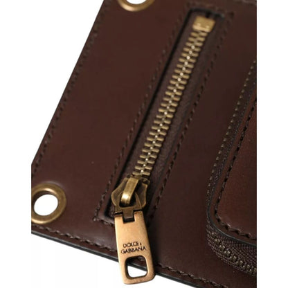 Dolce & Gabbana Brown Calf Leather Zip Logo Shoulder Neck Strap Wallet