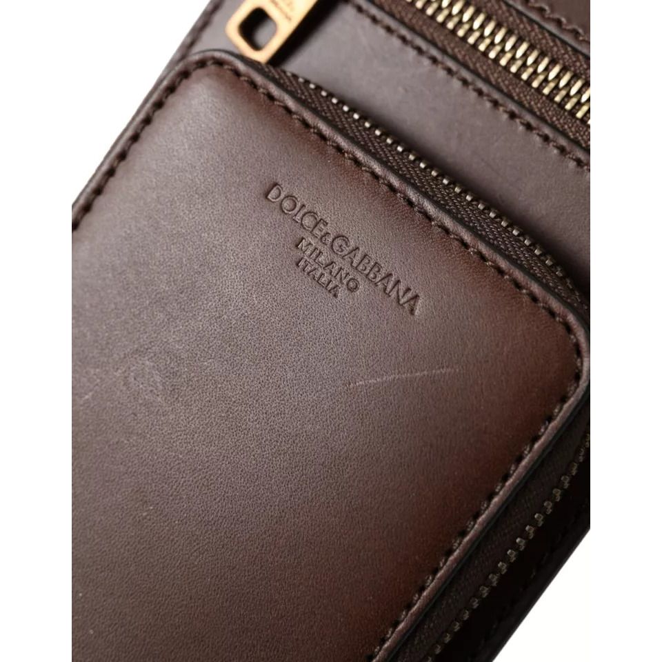 Dolce & Gabbana Brown Calf Leather Zip Logo Shoulder Neck Strap Wallet