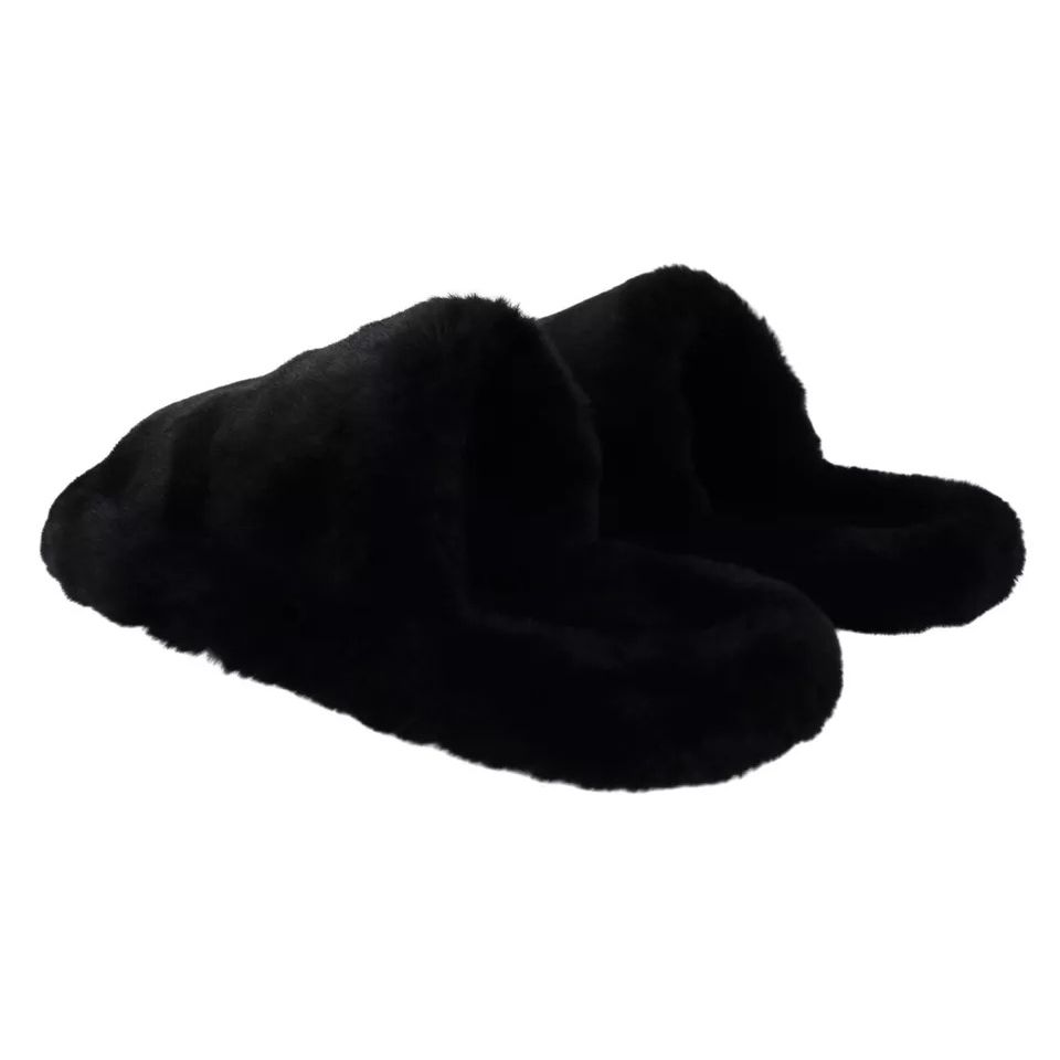 Dolce & Gabbana Black Polyester Faux Fur Mens Flats Sandals Shoes
