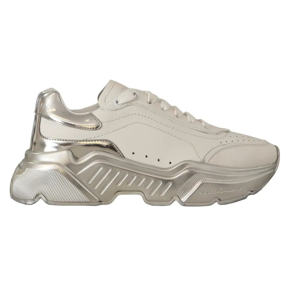 Dolce & Gabbana White Silver Leather Daymaster Sneakers Shoes