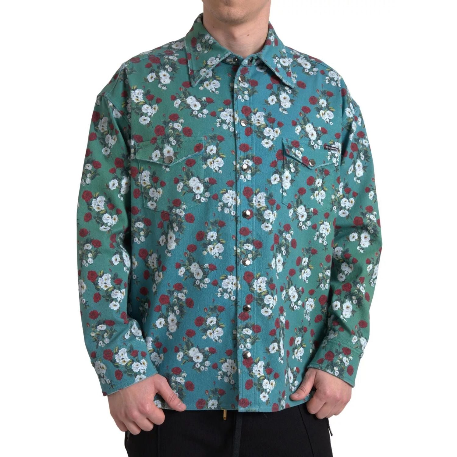 Dolce & Gabbana Blue Floral Cotton Button Down Denim Shirt