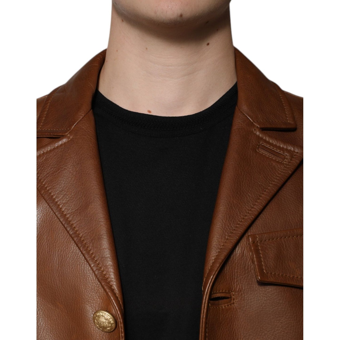 Dolce & Gabbana Brown Calfskin Leather Button Down Jacket