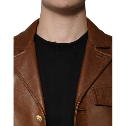 Dolce & Gabbana Brown Calfskin Leather Button Down Jacket