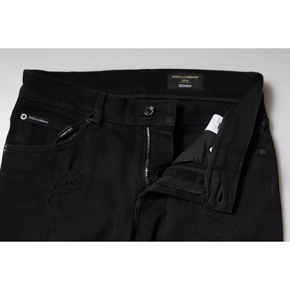 Dolce & Gabbana Black Cotton Tattered Skinny Denim Logo Jeans