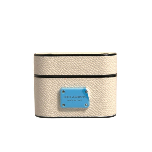 Dolce & Gabbana White Leather Metal Logo Plaque Holder Airpods Case SMY10619
