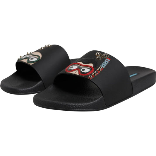 Dolce & Gabbana Black Divers Leather Flats Slides Sandals Beachwear Shoes MV6766-43