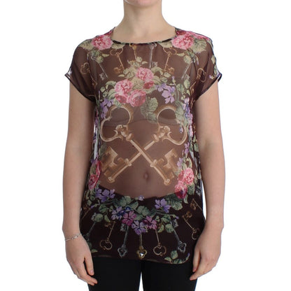 Dolce & Gabbana Black Key Floral Print Silk Blouse T-shirt
