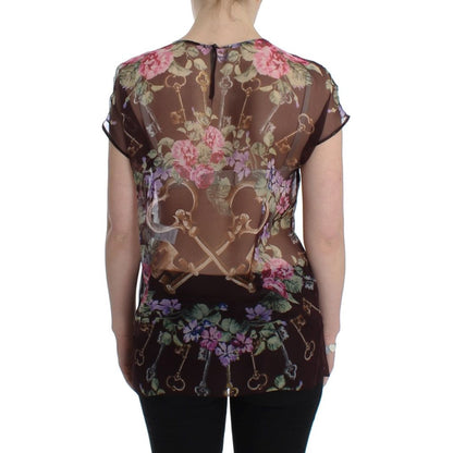 Dolce & Gabbana Black Key Floral Print Silk Blouse T-shirt