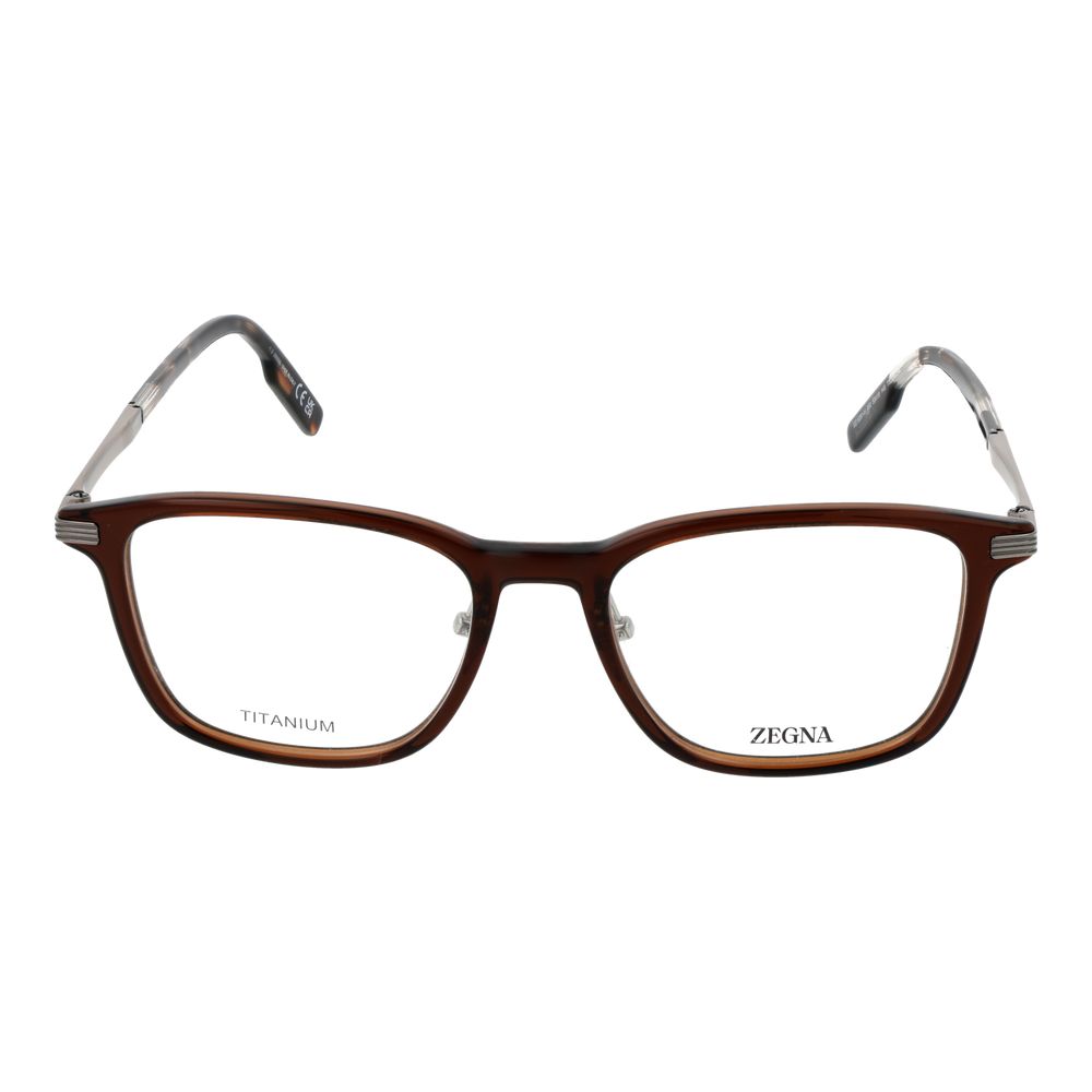 Ermenegildo Zegna Brown Men Glasses Frame in brown plastic and titanium, square style, full-rim design, size 53-19-145.