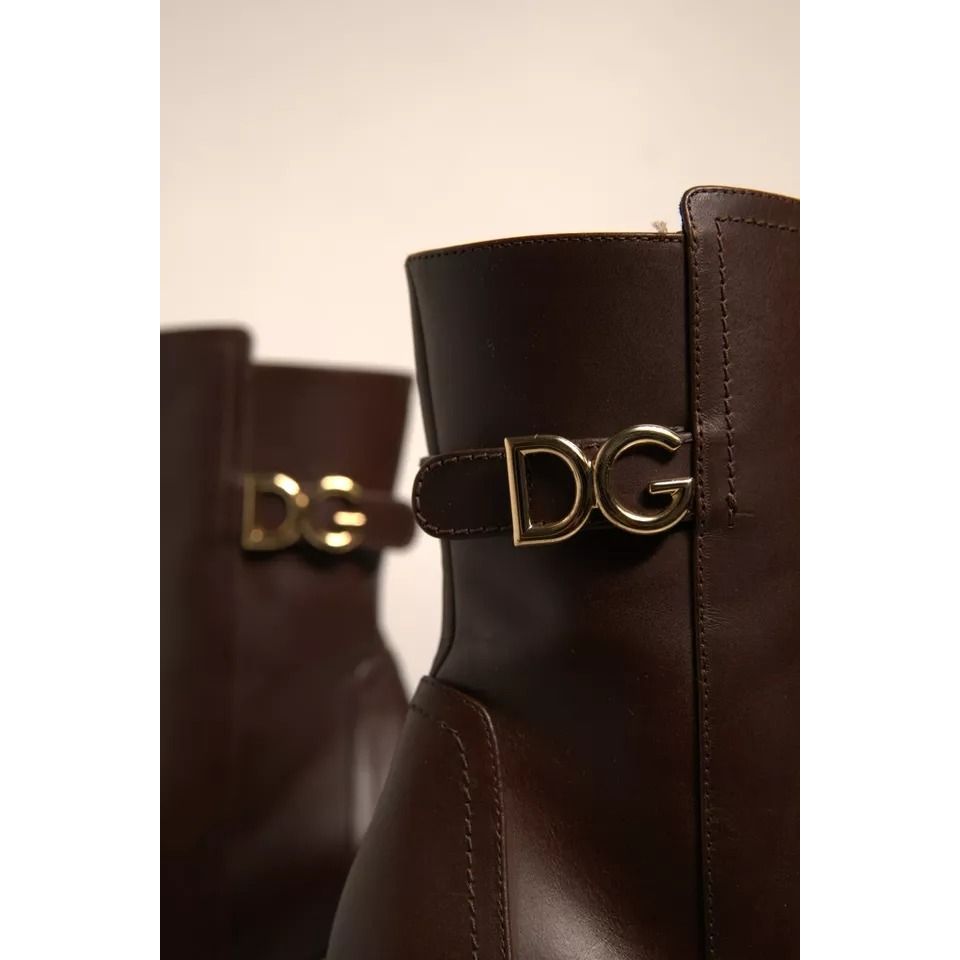 Dolce & Gabbana Brown Leather Heels Mid Calf Boots Shoes