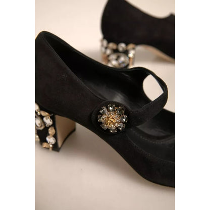 Dolce & Gabbana Black Suede Jewelled Mary Jane Pumps Shoes