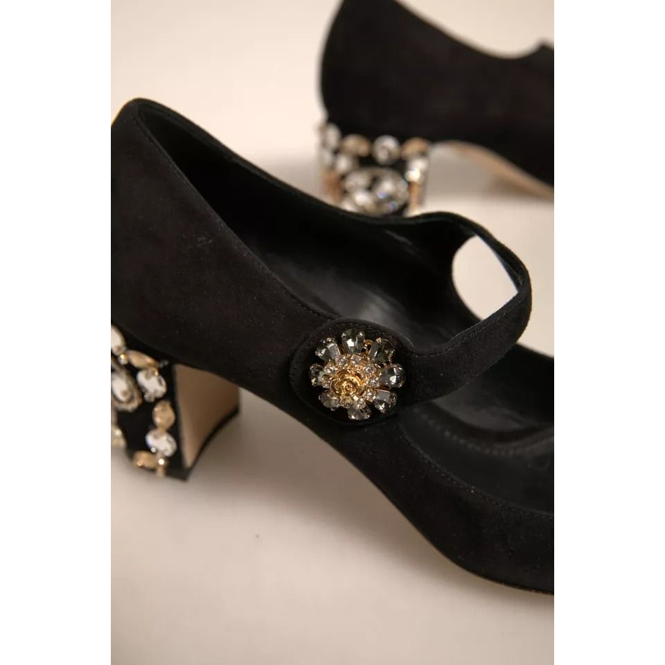 Dolce & Gabbana Black Suede Jewelled Mary Jane Pumps Shoes