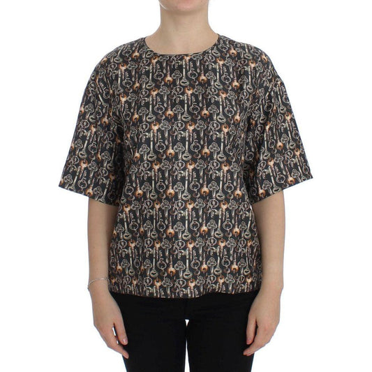 Dolce & Gabbana Enchanted Sicily Silk Blouse with Medieval Keys Print Dolce & Gabbana Dark Slate Gray