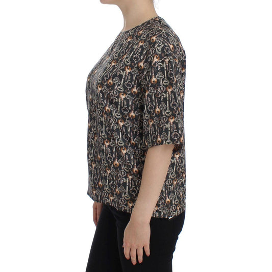 Dolce & Gabbana Enchanted Sicily Silk Blouse with Medieval Keys Print Dolce & Gabbana Dark Slate Gray
