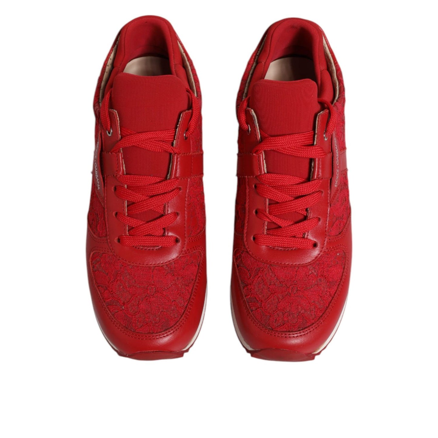 Dolce & Gabbana Red Floral Lace Leather Sneakers Shoes