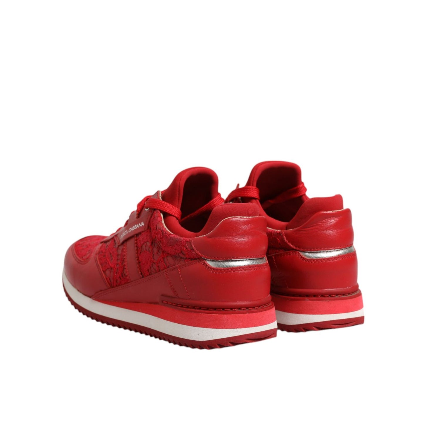 Dolce & Gabbana Red Floral Lace Leather Sneakers Shoes