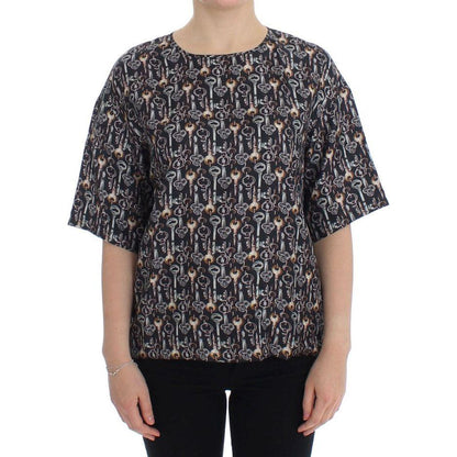 Dolce & Gabbana Gray Gold Key Print Silk Blouse T-shirt