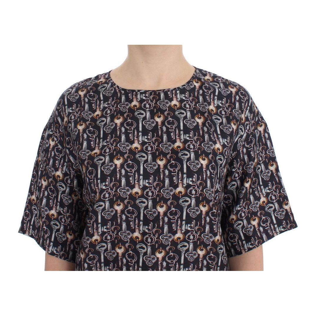 Dolce & Gabbana Gray Gold Key Print Silk Blouse T-shirt
