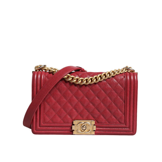 Chanel Red Leather Lambskin Double Gold Chain Medium Shoulder Bag