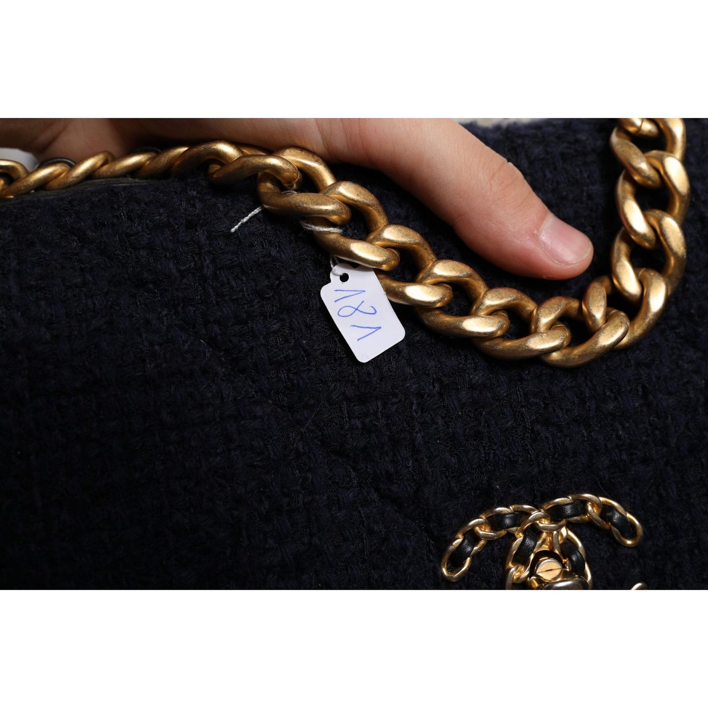 Chanel Dark Blue Medium Flap Tweed CC Gold Gray Chain Shoulder Bag CHA181