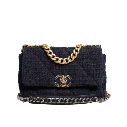 Chanel Dark Blue Medium Flap Tweed CC Gold Gray Chain Shoulder Bag CHA181