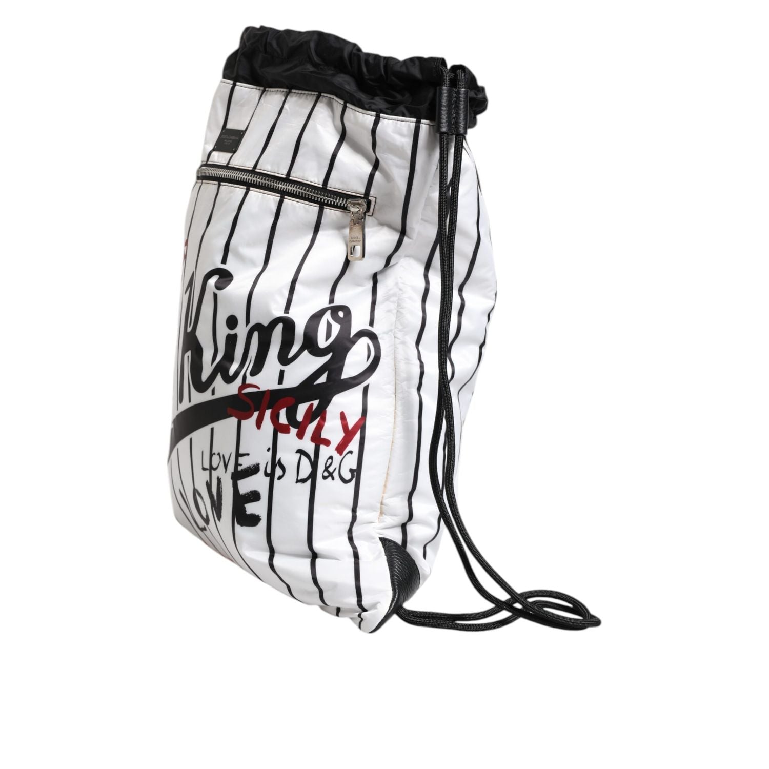 Dolce & Gabbana Black White Striped Polyester Drawstring Bag