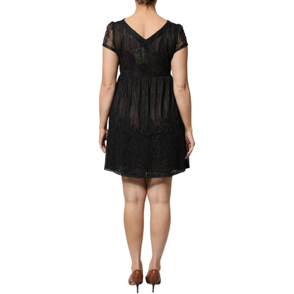 Blugirl Black Short Sleeves Floral Lace Trim A-line Mini Dress