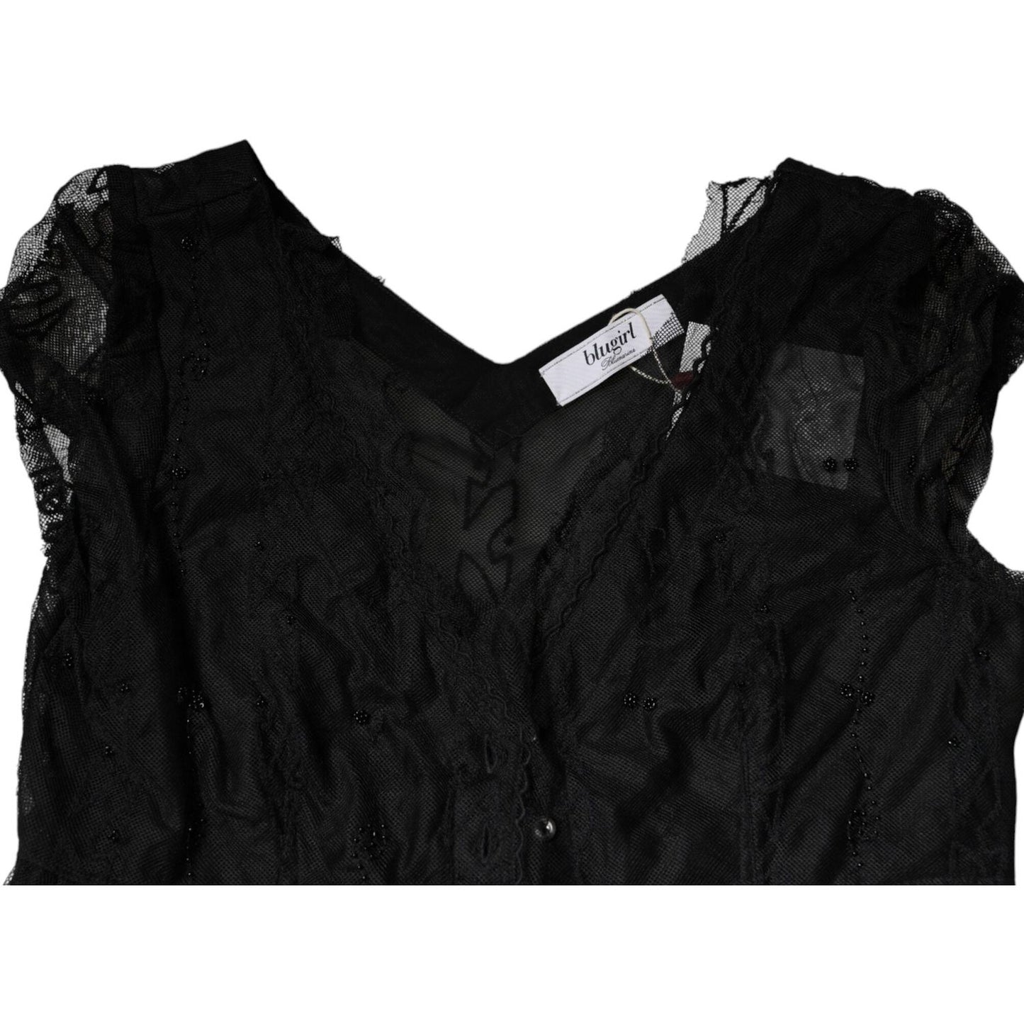 Blugirl Black Short Sleeves Floral Lace Trim A-line Mini Dress