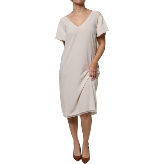 Peserico Off White Short Sleeves V-neck Shift Midi Dress DR281368-40