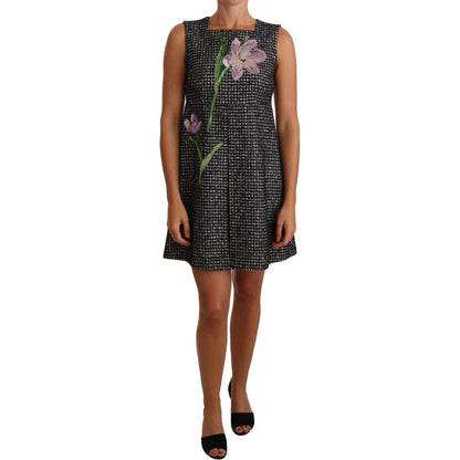Dolce & Gabbana Gray Houndstooth Floral Appliqué Shift Mini Dress