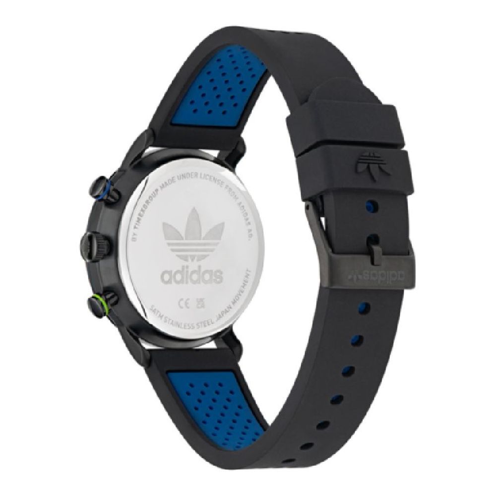 Back view of Adidas Black Synthetic Sport Watch with quartz mechanism and black silicone bracelet featuring stainless steel case.