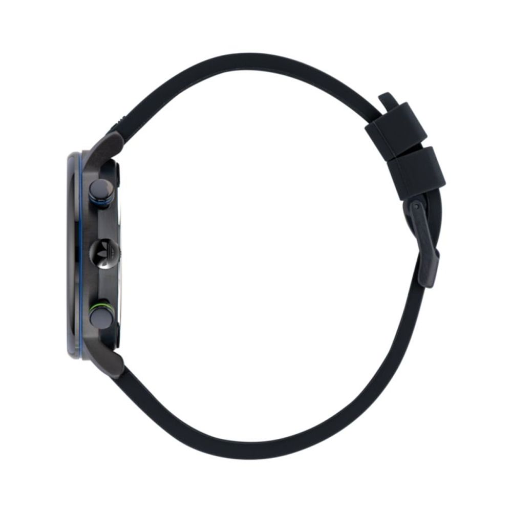 Side view of Adidas Black Synthetic Sport Watch with stainless steel case, silicone bracelet, and quartz mechanism.