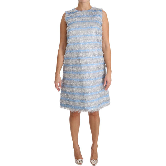 Dolce & Gabbana Elegant Light Blue Fringe Shift Dress Dolce & Gabbana Gray