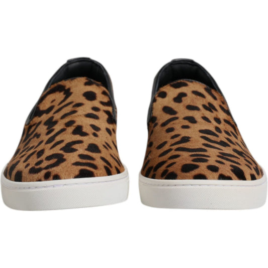 Dolce & Gabbana Brown Calfskin Fur Leopard Sneakers Shoes MV7038-41.5