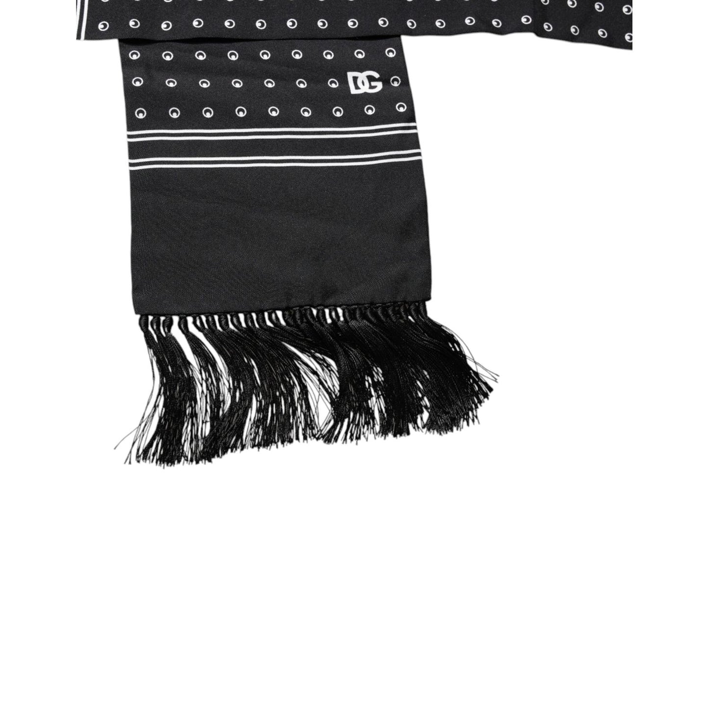 Dolce & Gabbana Black White Polka Dotted Silk Skinny Fringes Scarf MS7195