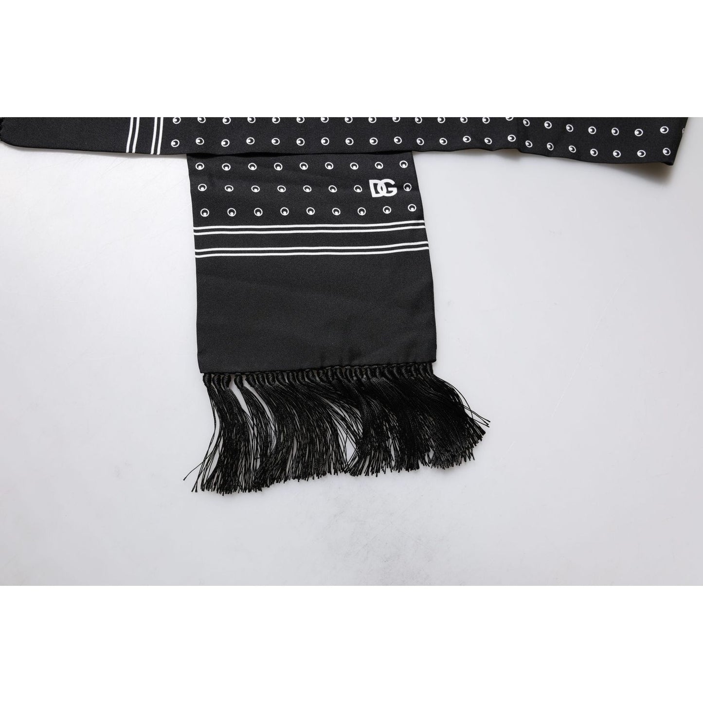 Dolce & Gabbana Black White Polka Dotted Silk Skinny Fringes Scarf MS7195