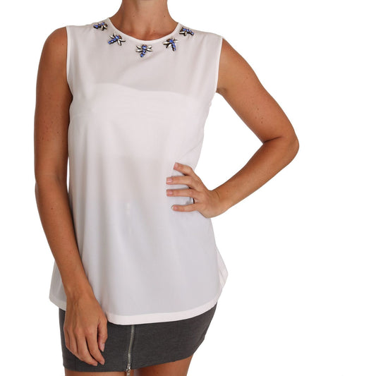Dolce & Gabbana Elegant Embellished Sleeveless Silk Blouse Dolce & Gabbana Light Gray