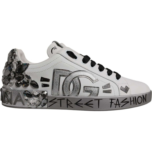 Dolce & Gabbana White Silver Crystal Logo Portofino Sneakers Shoes MV7047#1-42