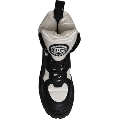 Dolce & Gabbana Black White Padded Mid Calf Lace Up Boots Shoes