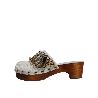 Dolce & Gabbana White Raffia Clogs Bejeweled Chain Sandals Shoes