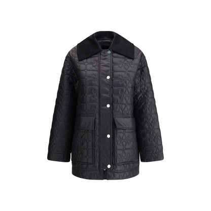 Ganni Gray Nylon Coat with corduroy collar, quilted design, zipper and snap closure, perfect blend of style and functionality for winter.