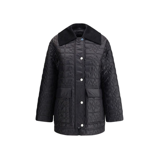 Ganni Gray Nylon Coat with corduroy collar, quilted design, zipper and snap closure, perfect blend of style and functionality for winter.